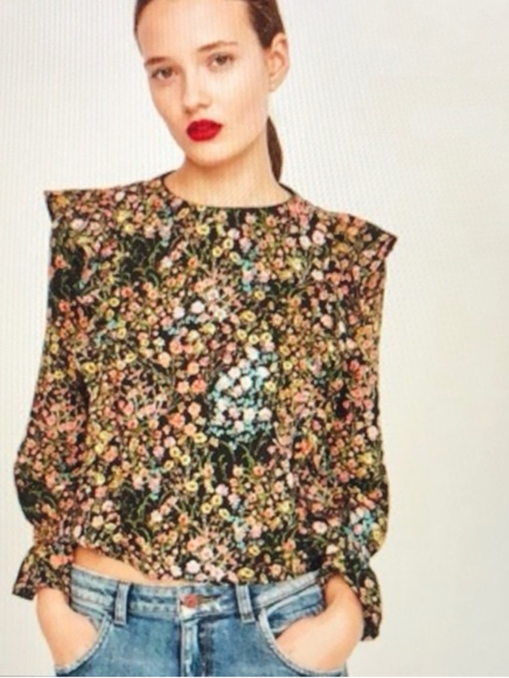 Zara Floral Top with Ruffle - Black with Multicolor Floral